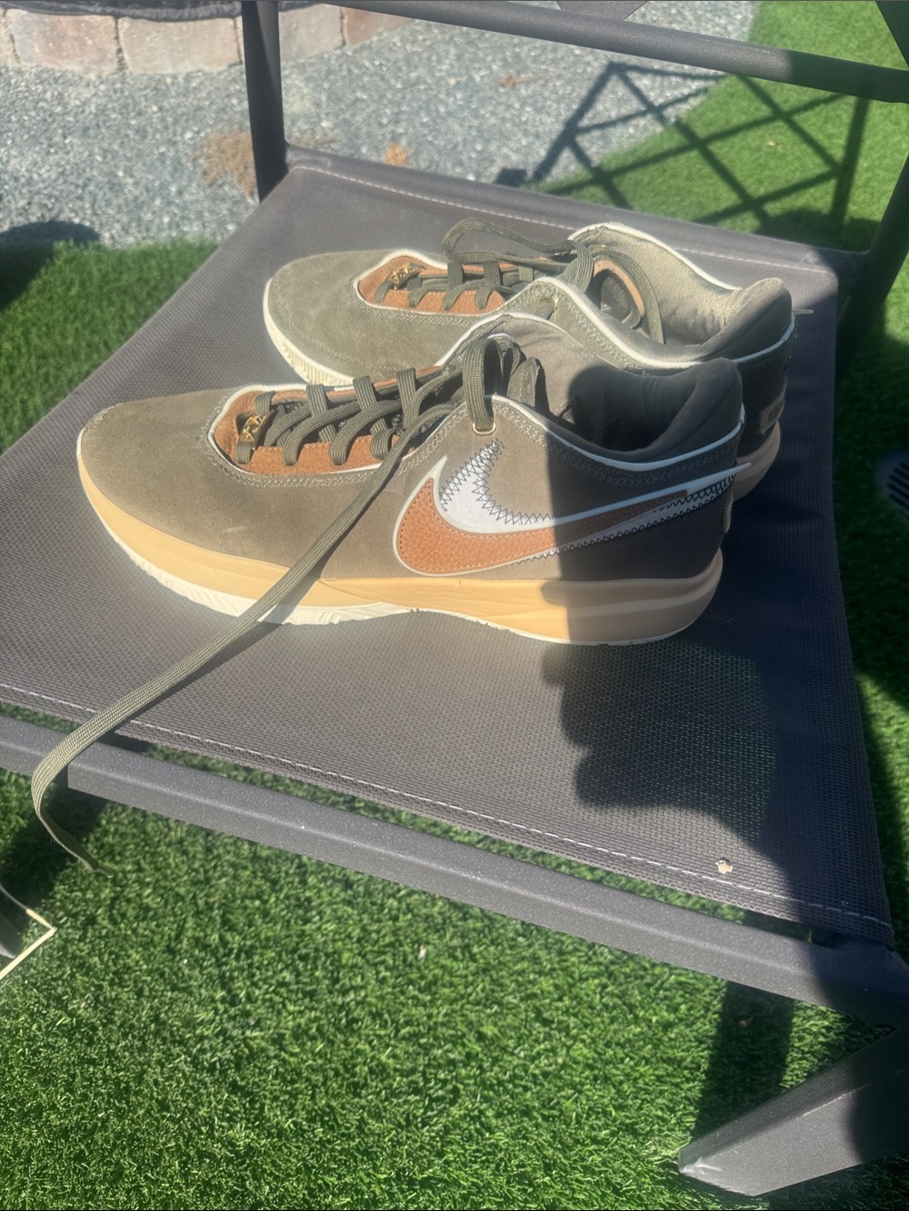 Nike LeBron 20 Men’s Olive Green Suede Sneakers with Tan & White Accents